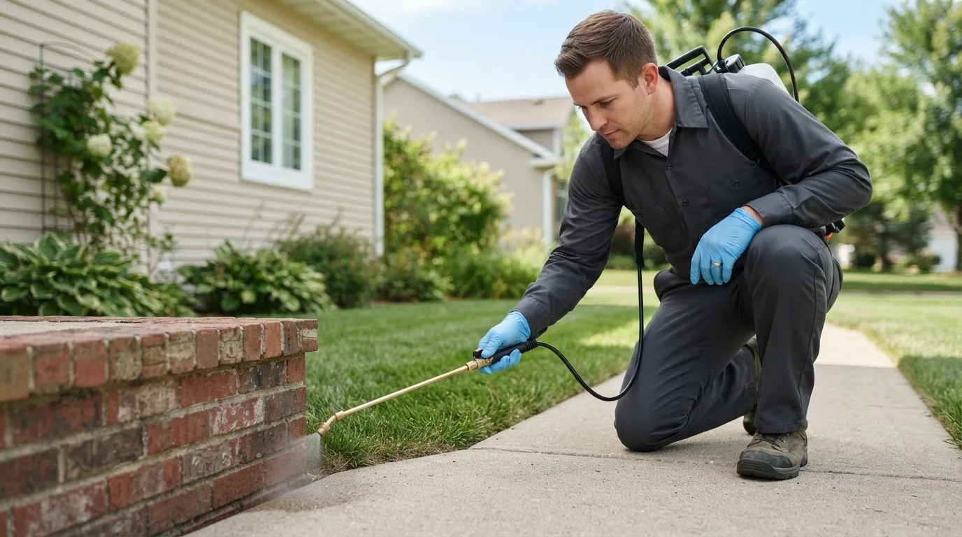 Pest control technician treating a home near Harpersville, AL
