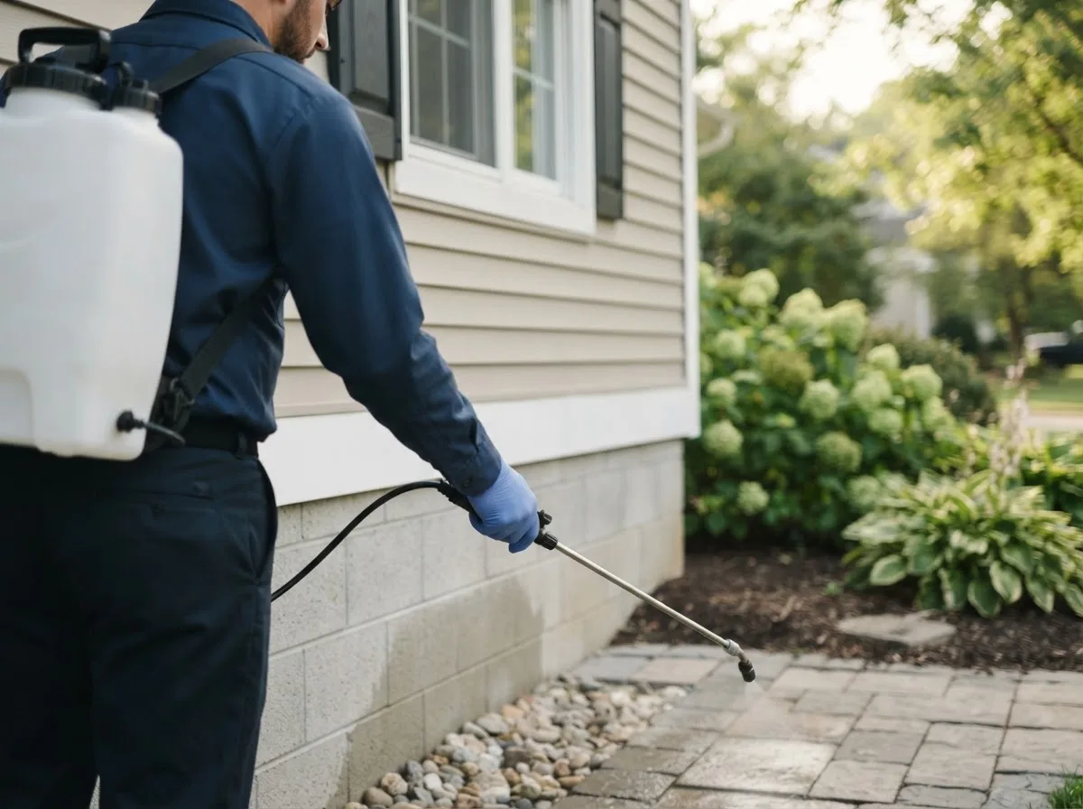 Pest control technician inspecting a home in Harpersville, AL